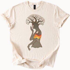 Tree Woman Sunset City Graphic T-Shirt Nature Art Tee